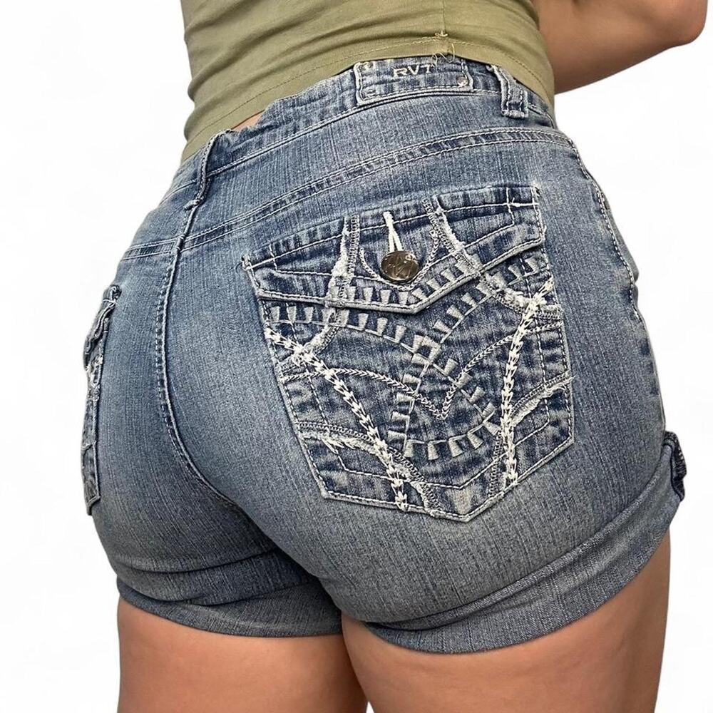 Vintage RVT Blue Denim Mini Shorts – Size Juniors 16 Waist 26”